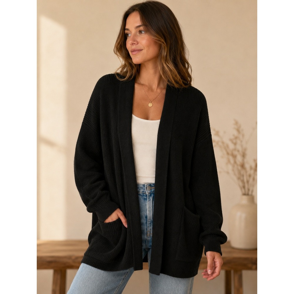 Wilfred Free Women Cardigan L Black Wool Open Front Oversized Ribbed Pocket